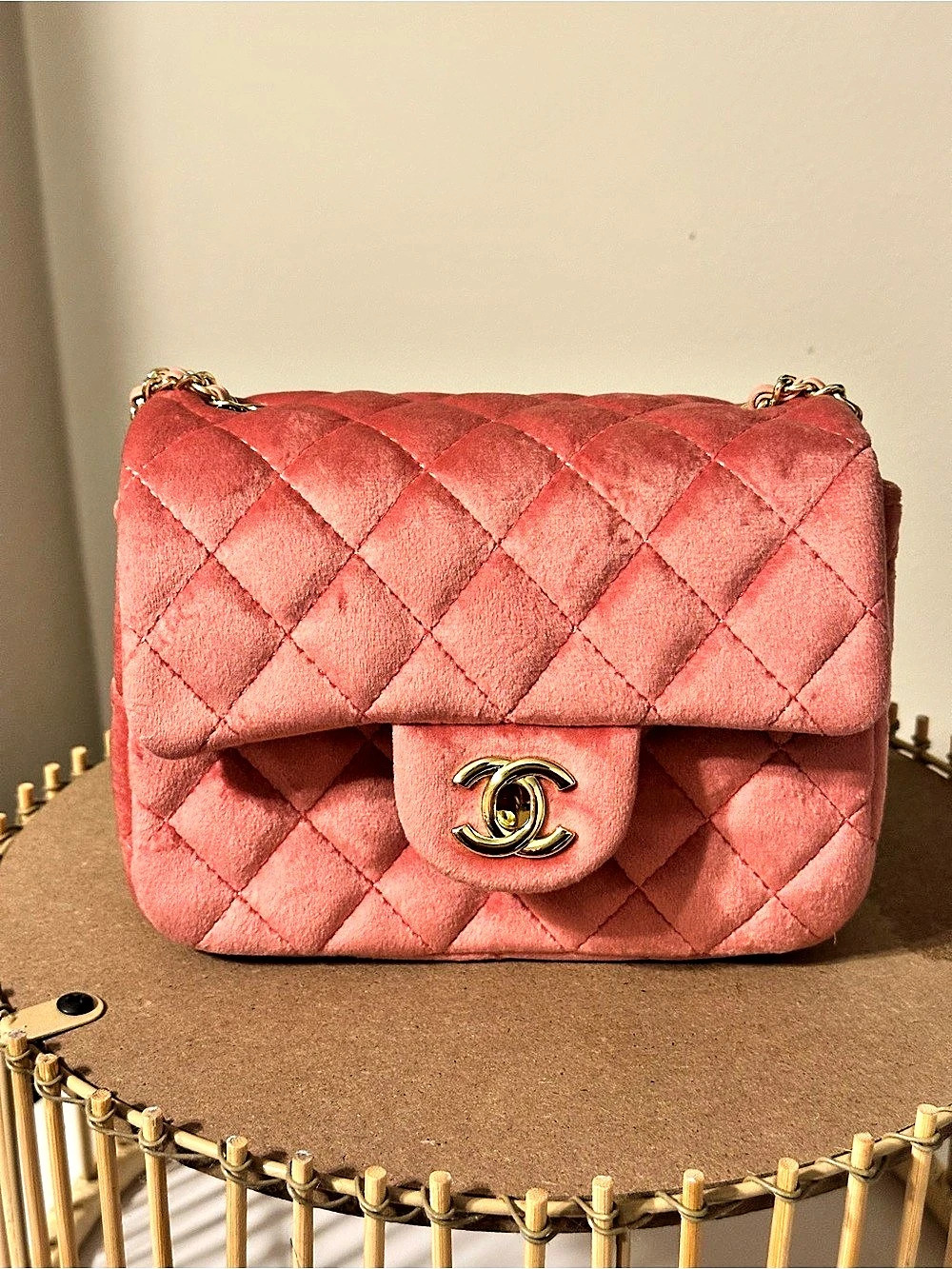 Chanel Velvet Quilted Mini Square Pearl Crush Flap Bag Pink